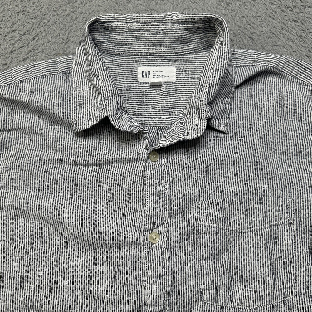 Linen Shirt Mens L Gray Stripe Long Sleeve Gap Cotton